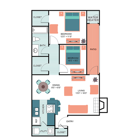 2 Bed 1 Bath Floor Plan at  Wildwood Apartments, CLEAR Property Management, Austin, TX
